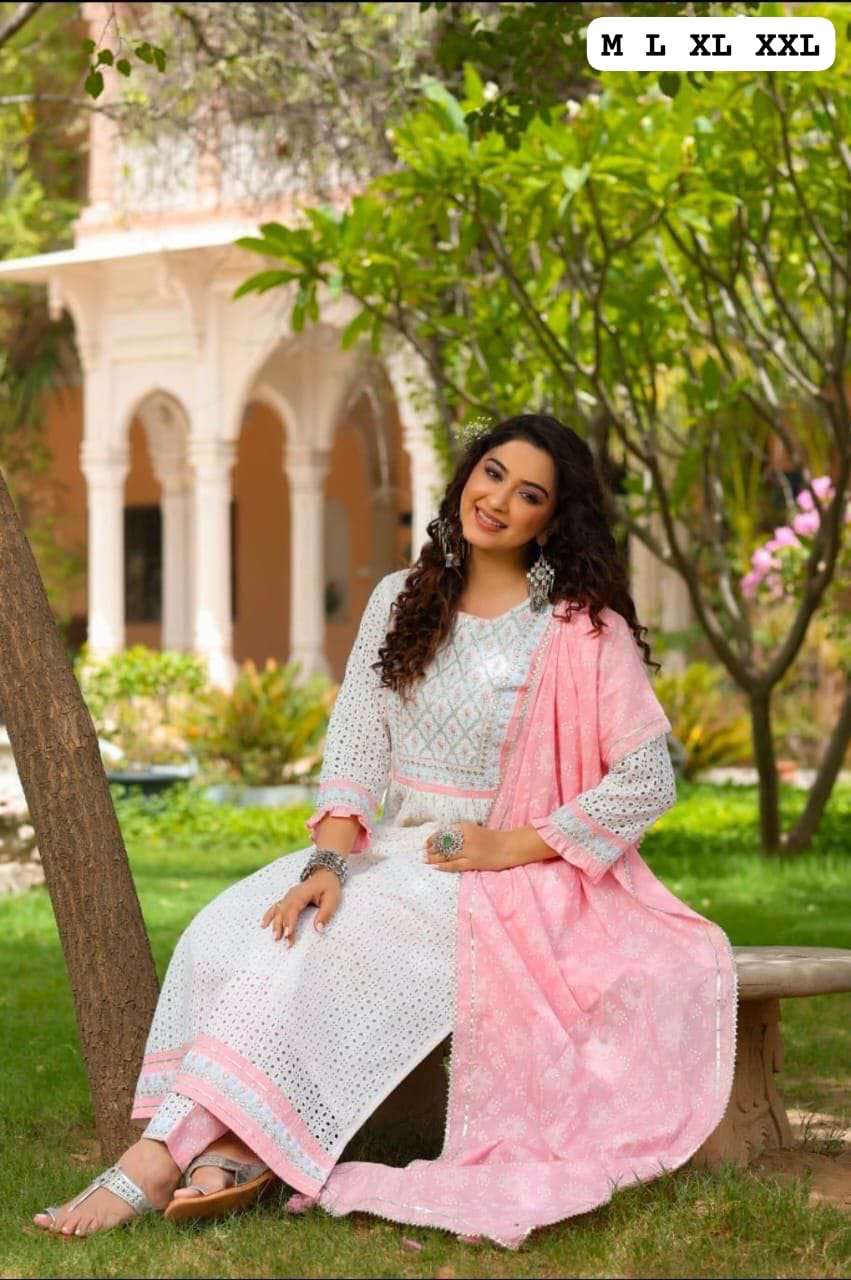 COTTON CHIFFON WITH NAYRA CUT READYMADE WHITE SHADES SALWAR KAMEEZ 