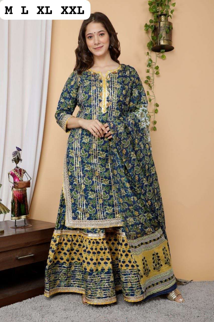 COTTON FULL GOTA WORK ON KURTI AND SHARARA WITH DUPATTA  