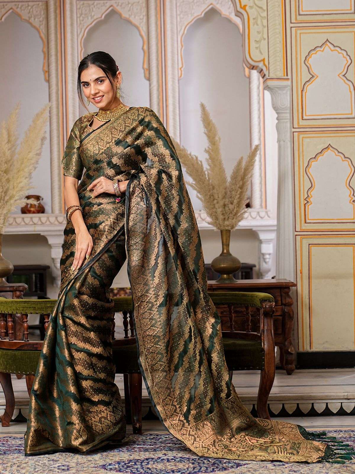 Dark Green Color Pure Organza Saree 