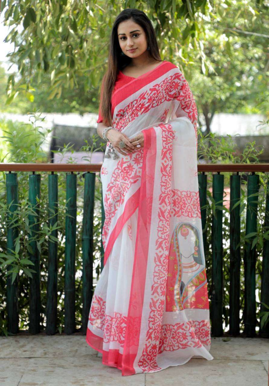 FESTIVAL SPECIAL THEAM PRINTED LINEN SAREE SUPPLIER IN SURAT