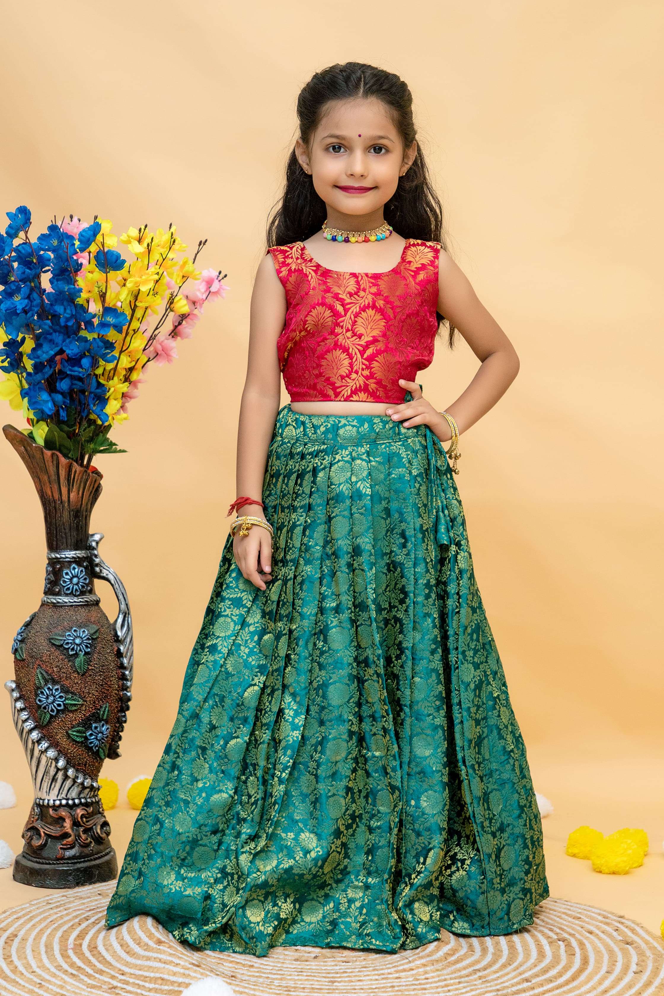 KIDS SPECIAL VICHITRA SILK READYMADE CROP TOP  STYLE LEHENGA CHOLI