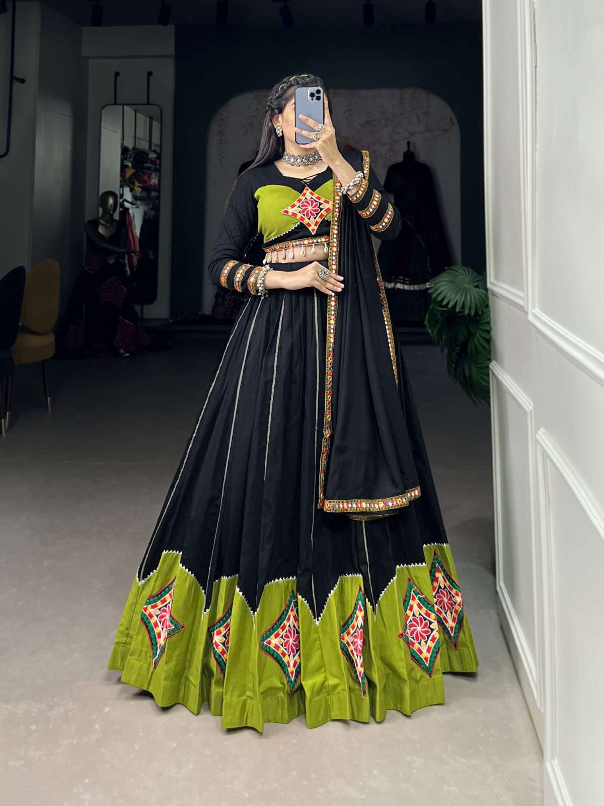 NAVRATRI SPECIAL COTTON GAMTHI WORK PATCH BLACK LEHENGA CHOLI 