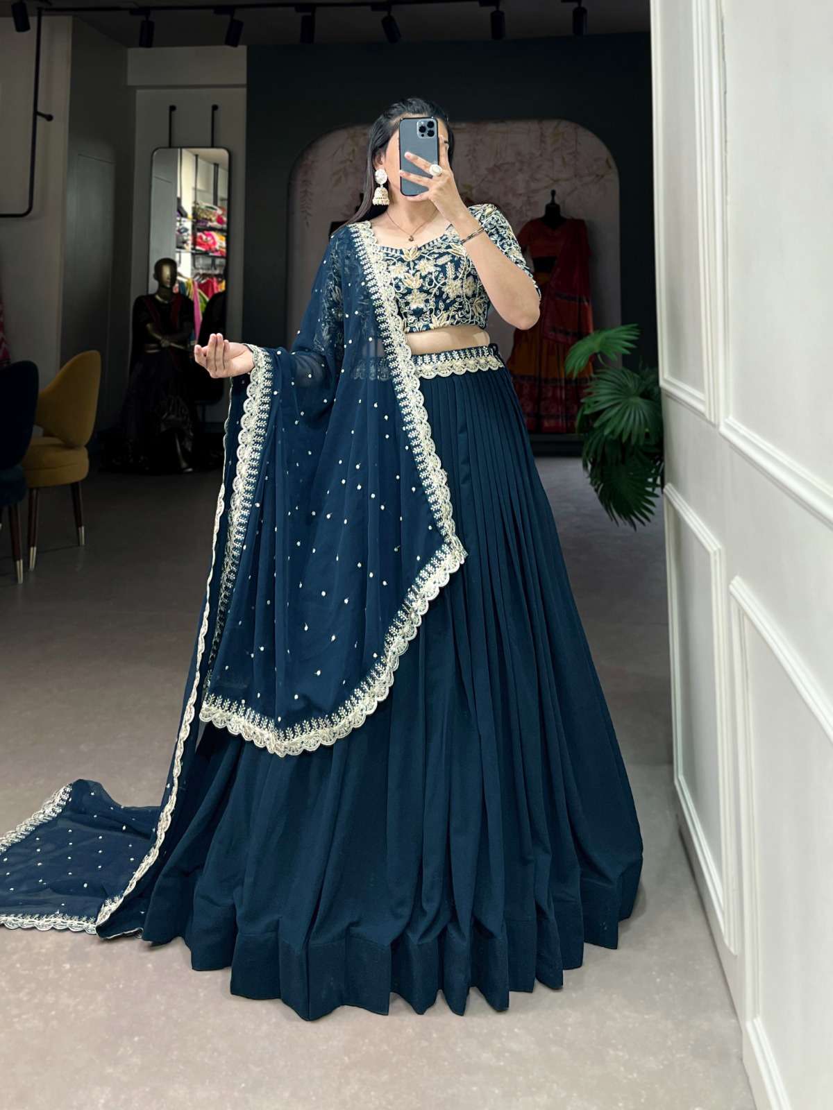 NAVY BLUE SHADES GEORGETTE FABRICS READYMADE LEHENGA CHOLI 