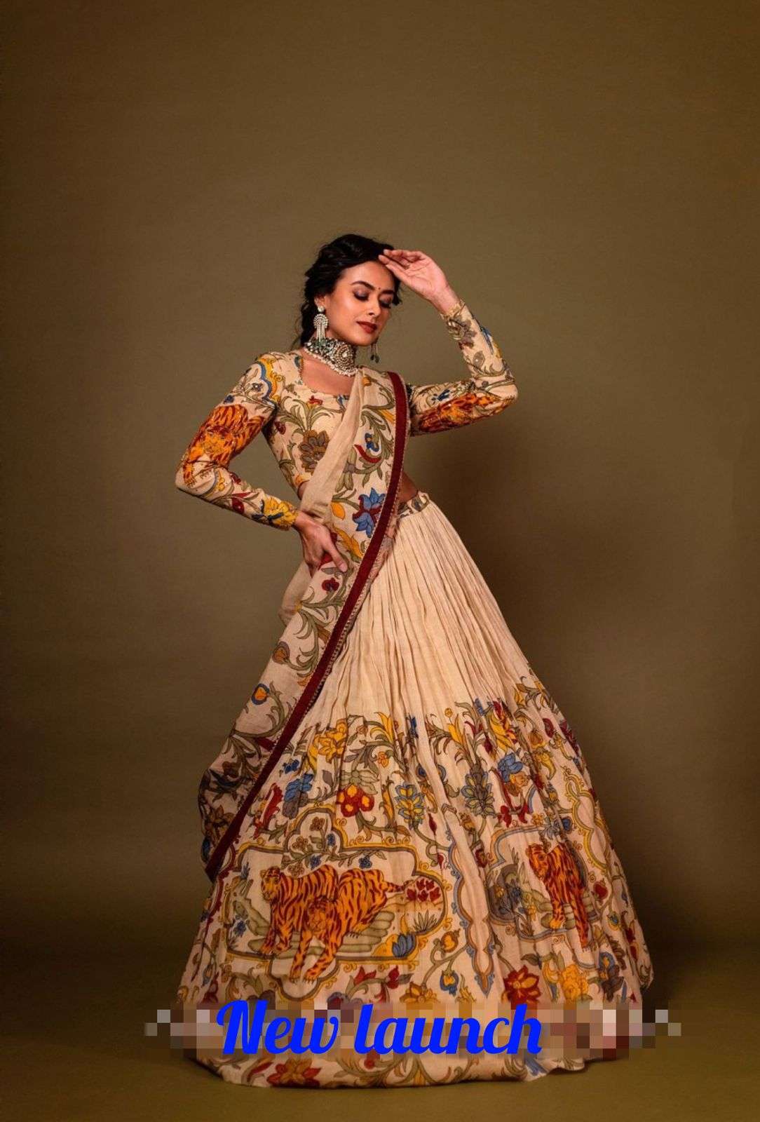 OFF WHITE CREAP FABRICS WITH KALAMKARI PRINTED FESTIVAL SPECIAL READYMADE LEHENGA CHOLI 