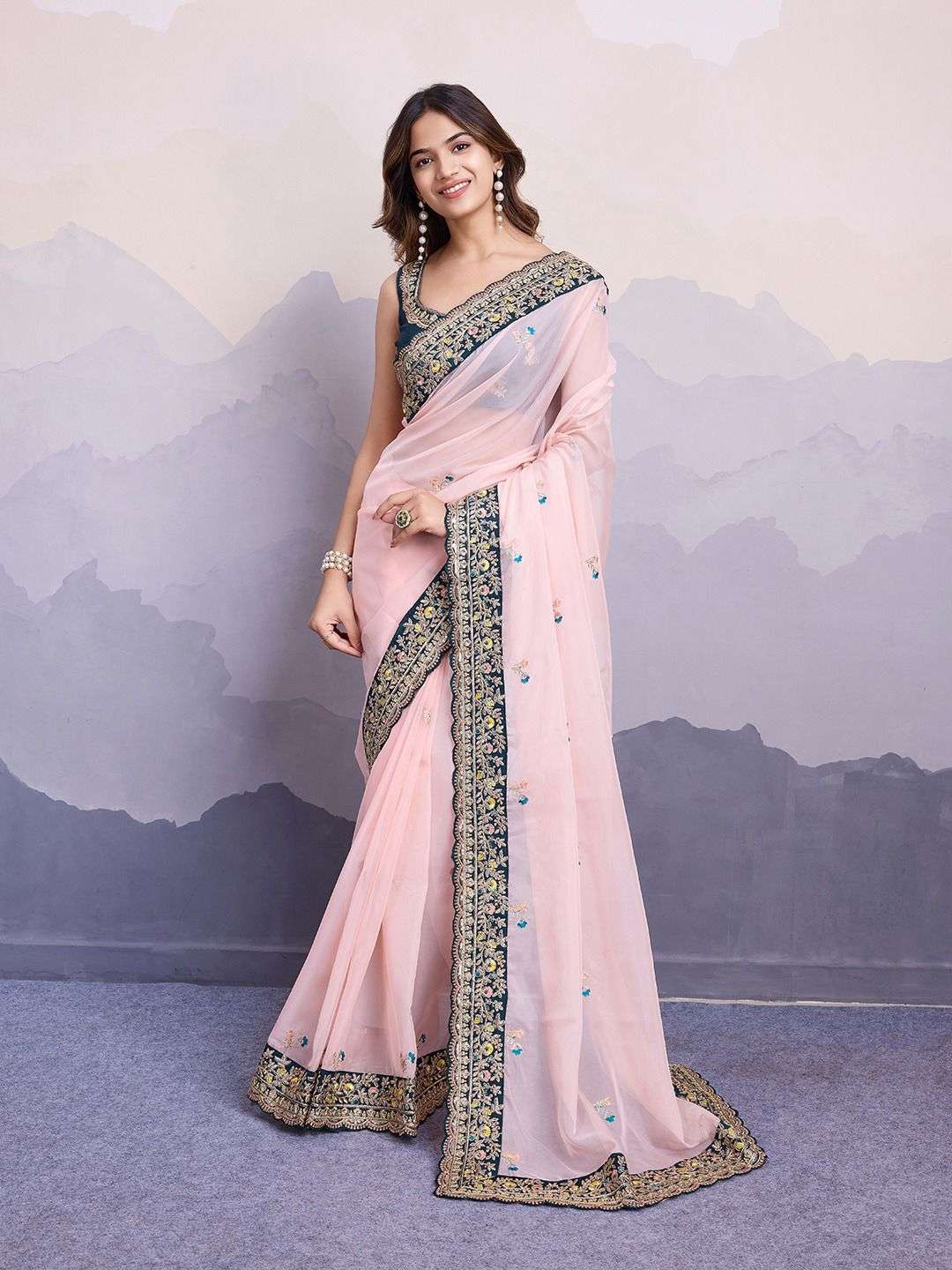 ORGANZA FABRICS WITH HEAVY EMBROIDERY WORK BORDRE WEDDING SPECIAL SAREE 