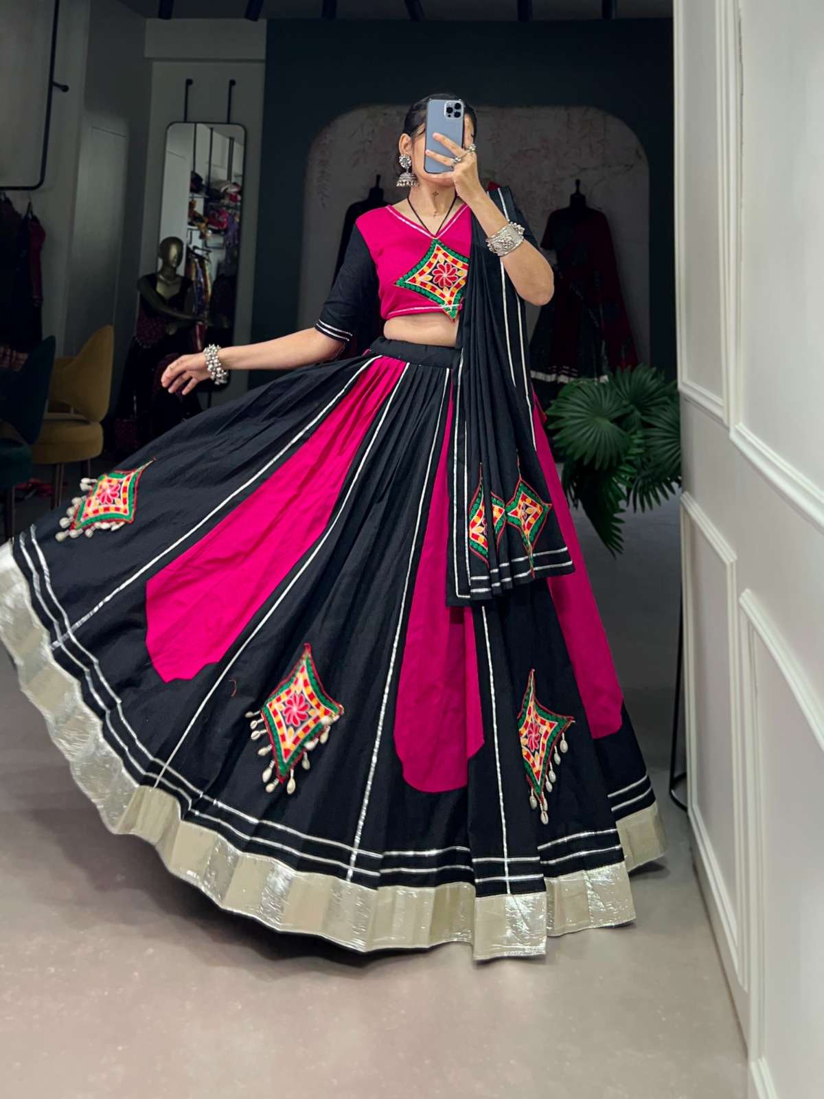 Radiant Pink and Black Cotton Chaniya Choli with Gamthi Work LEHENGA CHOLI 