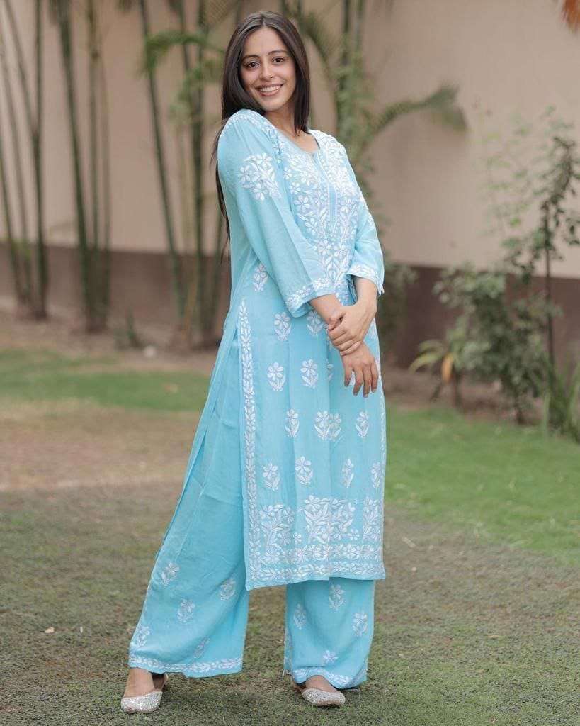 RAYON COTTON CHIKANKARI WORK KURTI PALAZO 