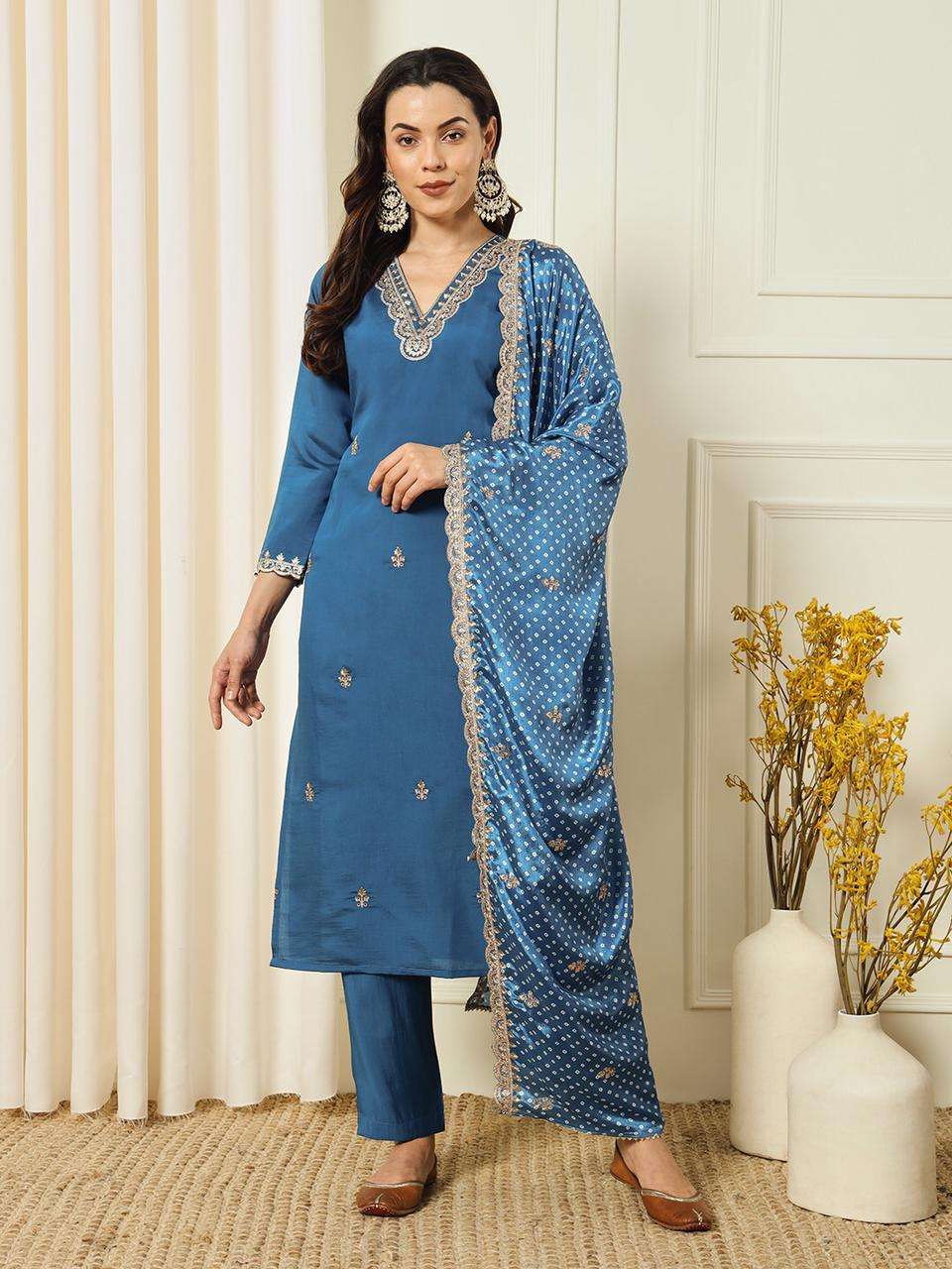 ROYAL BLUE SHADES ROMAN SILK HEVAY LOOK READYMADE SUITS 