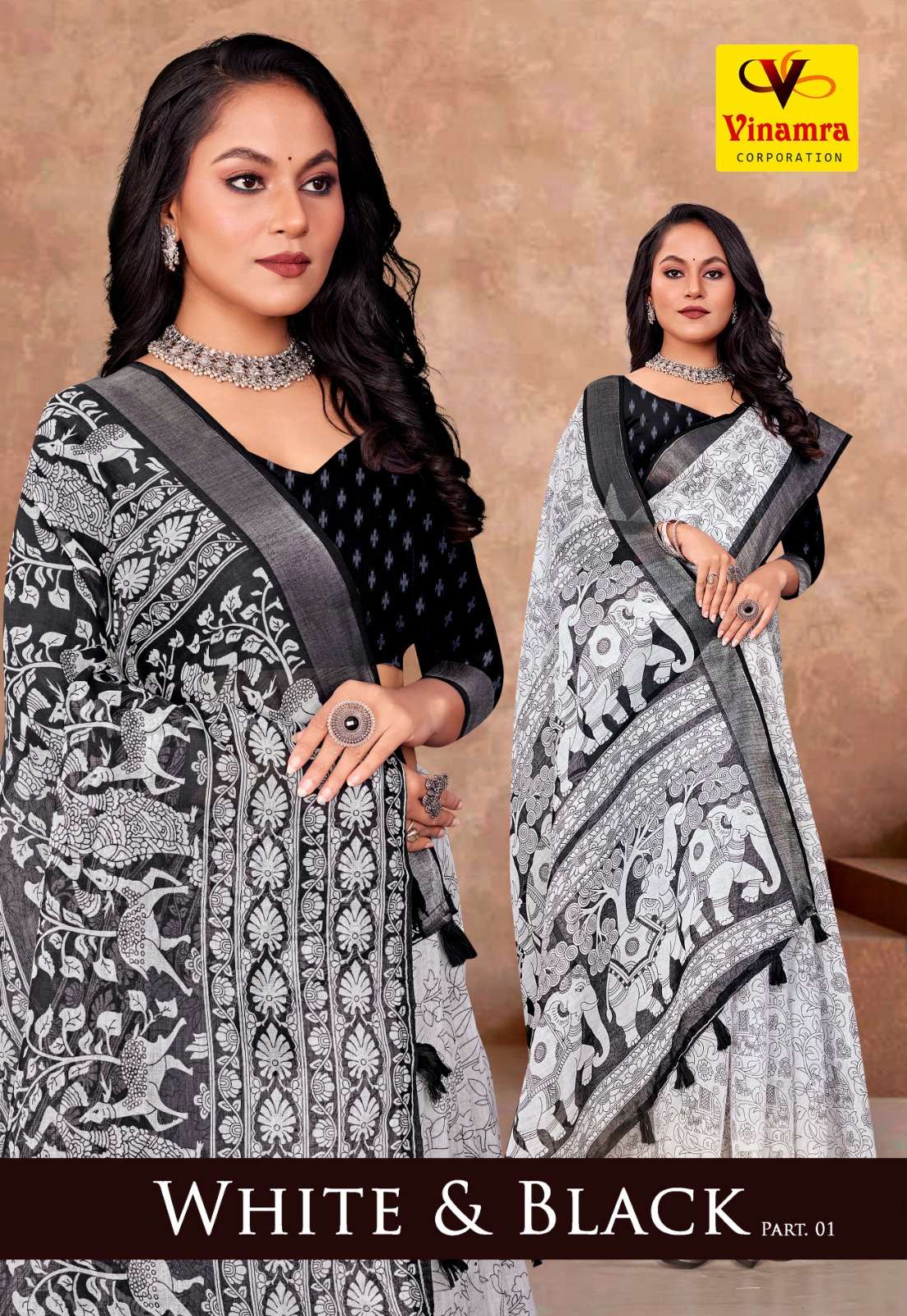 VINAMRA WHITE AND BLACK VOL 1 LINEN FABRICS FANCY SAREE