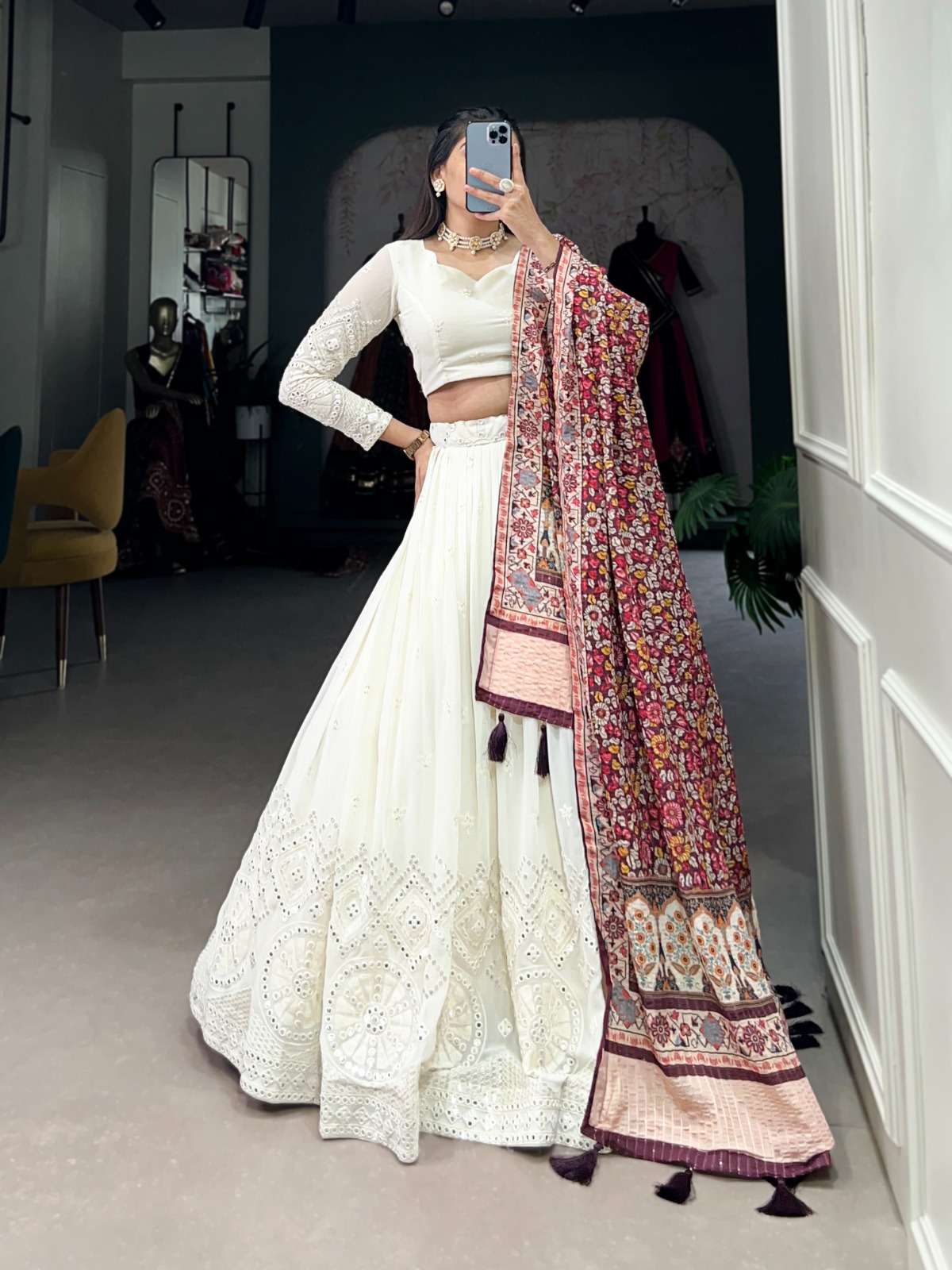 WHITE SAHDES beautiful lucknowi paper mirror work lehenga CHOLI 