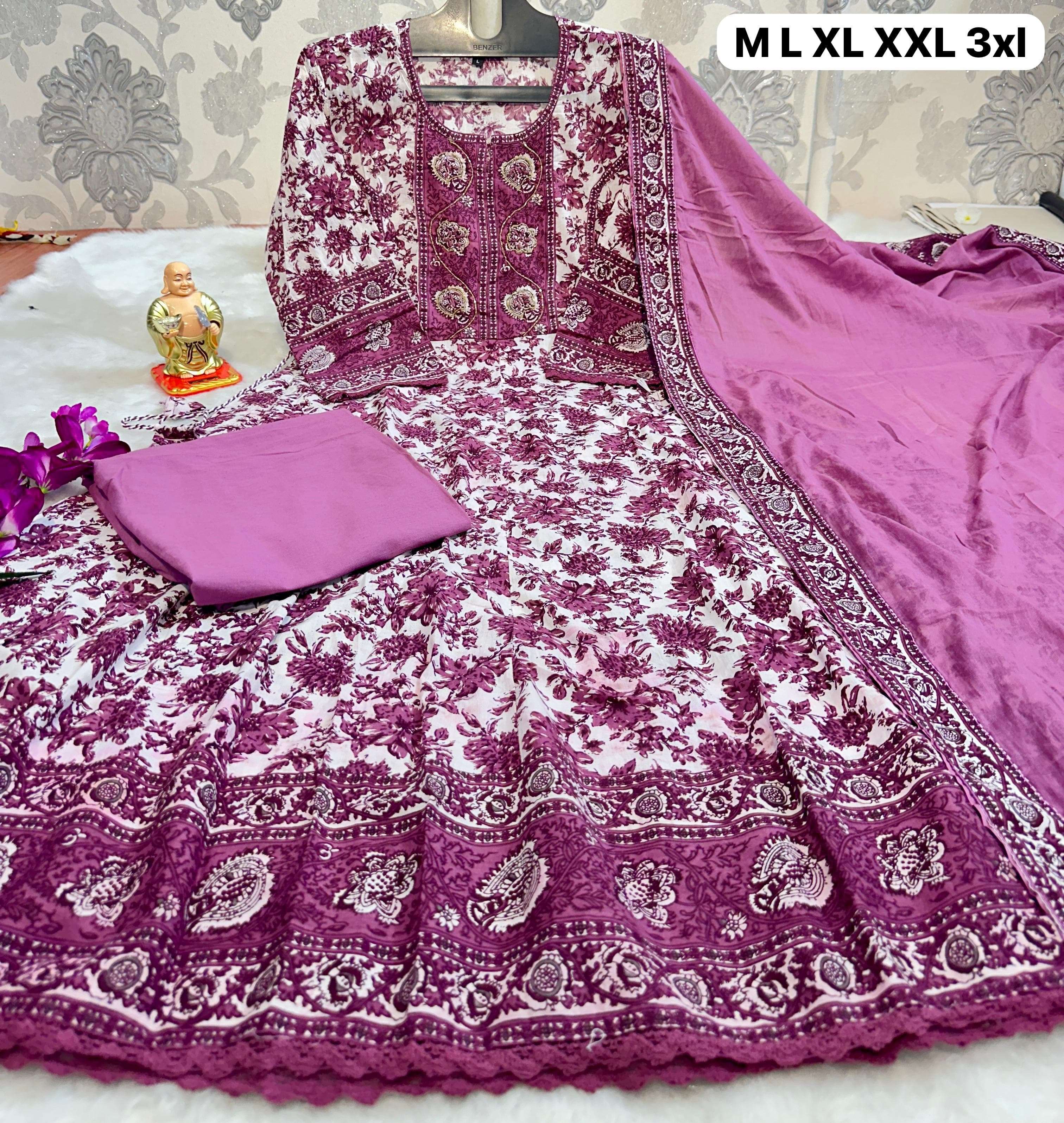 ANARKALI STYLE COTTON FABRICS PRINTED LONG DESIGNER READYMADE SUITS 