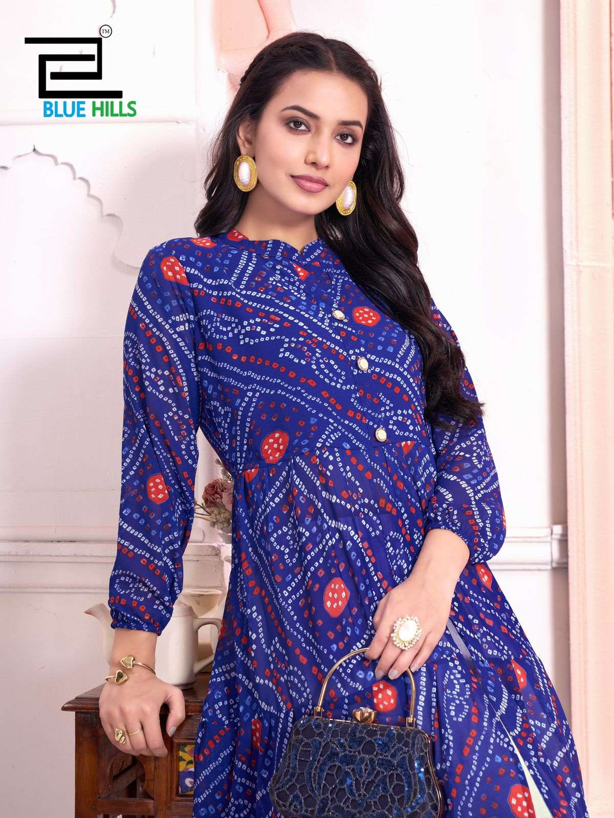 BLUE HILLS BANDHEJ GEORGETTE PRINTED FANCY KURTI 