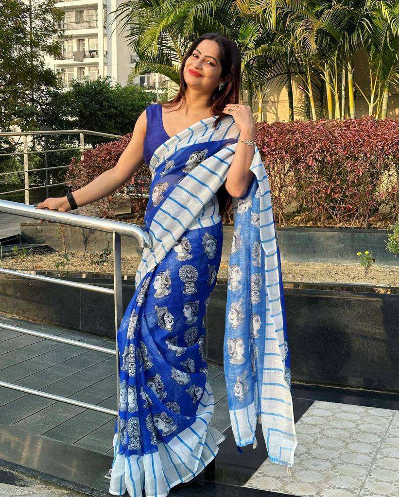 BLUE SHADES LINEN WITH PRINTED FANCY SAREE