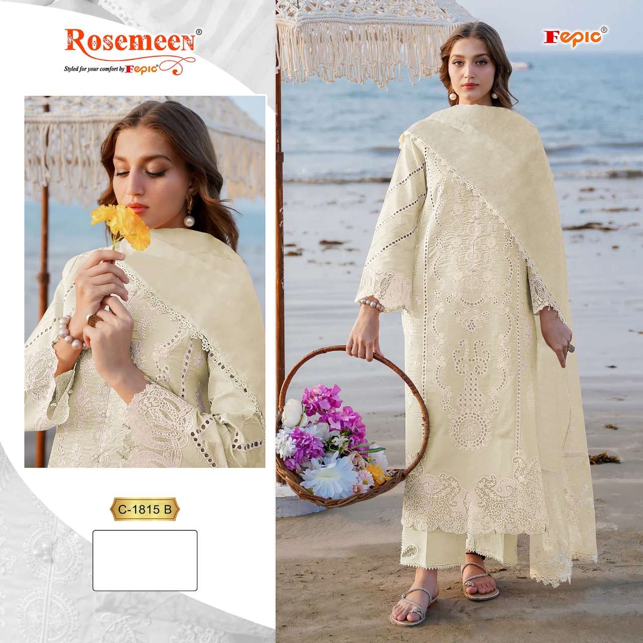 FEPIC ROSEMEEN 1815 COTTON EMBROIDERY WORK WHITE SHADES PAKISTANI SUITS 