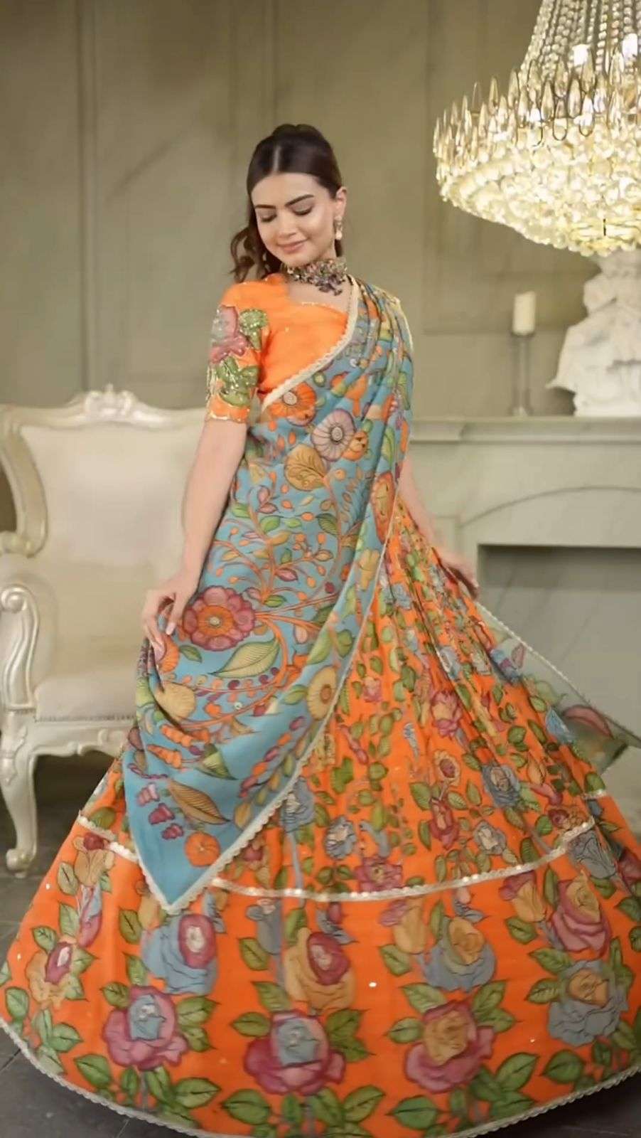 KALAMKARI PRINTED CREAP SILK ORANGE SHADES DESIGNER LEHENGA CHOLI 