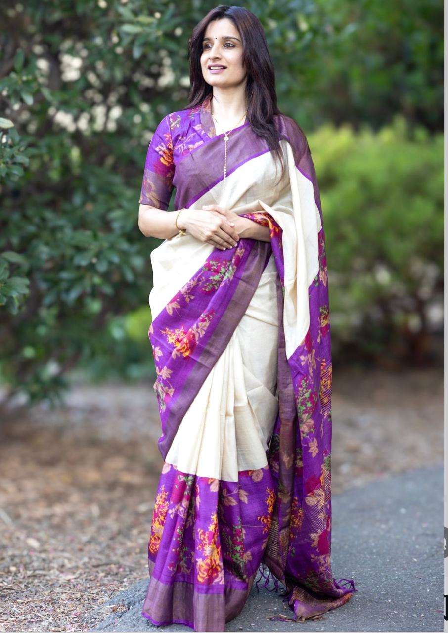 PURPLE SHADES BORDER WITH WHITE PALIN LINEN SAREE