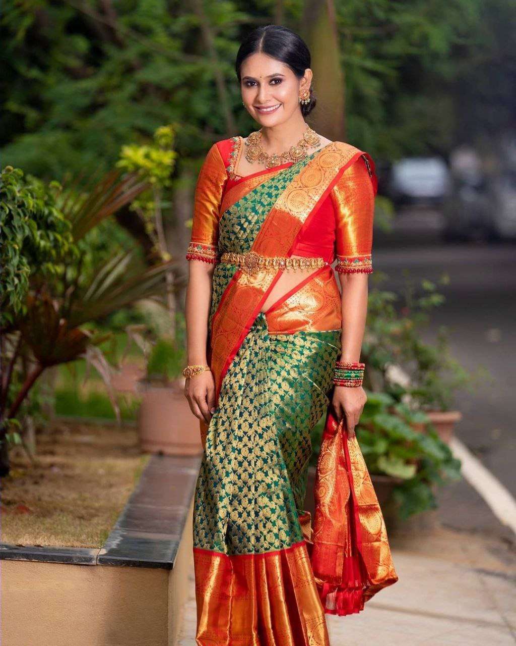 RED & GREEN SHADES LICHI SILK SAREE 