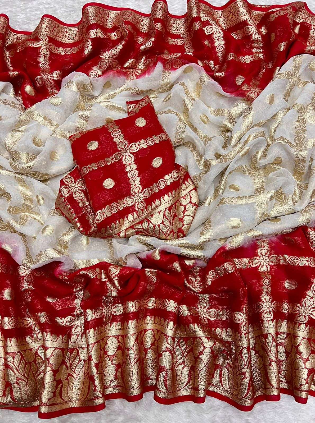 RED & WHITE SHADES GEORGETTE FABRICS JACQUARD BORDER SAREE SPECIAL DURGA POOJA