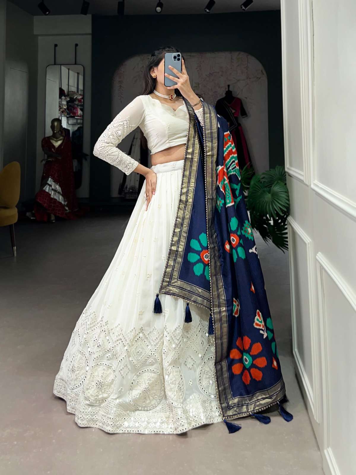 WHITE SHADES GEORGETTE WITH LUCKNOWI EMBROIDERY WORK DESIGNER LEHENGA CHOI 