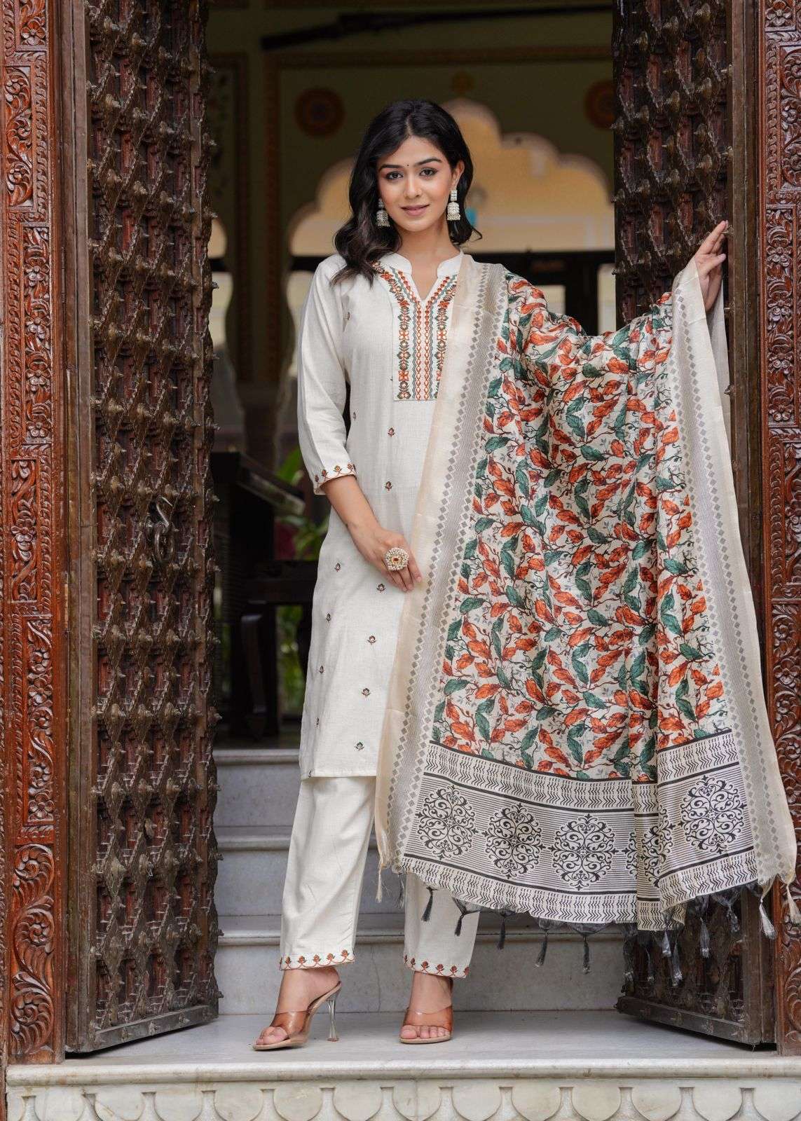 WHITE SHADES NECK HEAVY EMBROIDERY WITH PRINTED DUPATTA