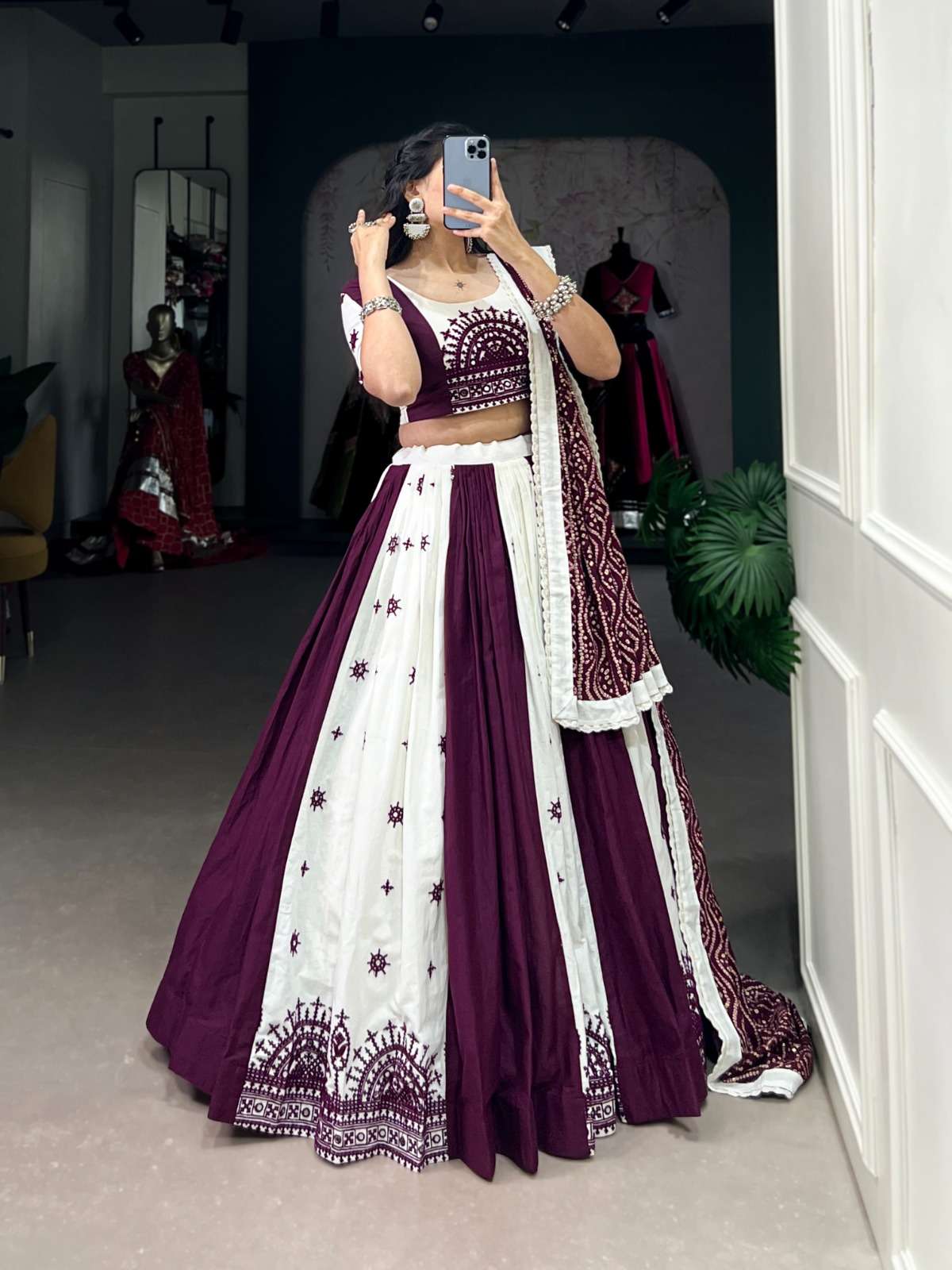 WINE SHADES MIRROR WORK NAVRATRI SPECIAL COTTON FABRICS LEHENGA CHOLI 