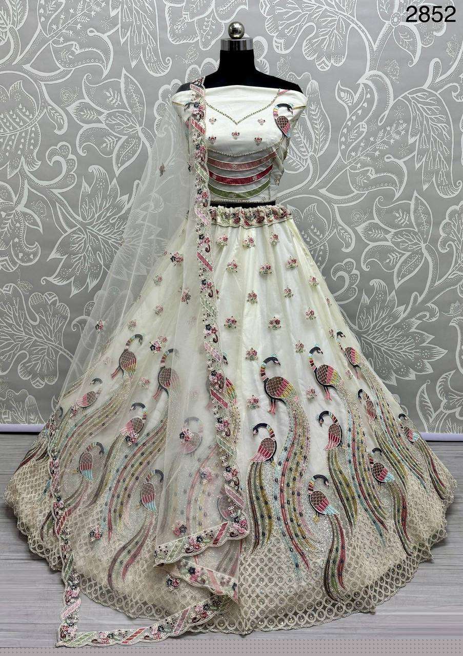 2852 WHITE COLOR PEACOCK PATTERN MULTI EMBROIDERY LEHENGA CHOLI PARTY WEAR INDIAN STORE  