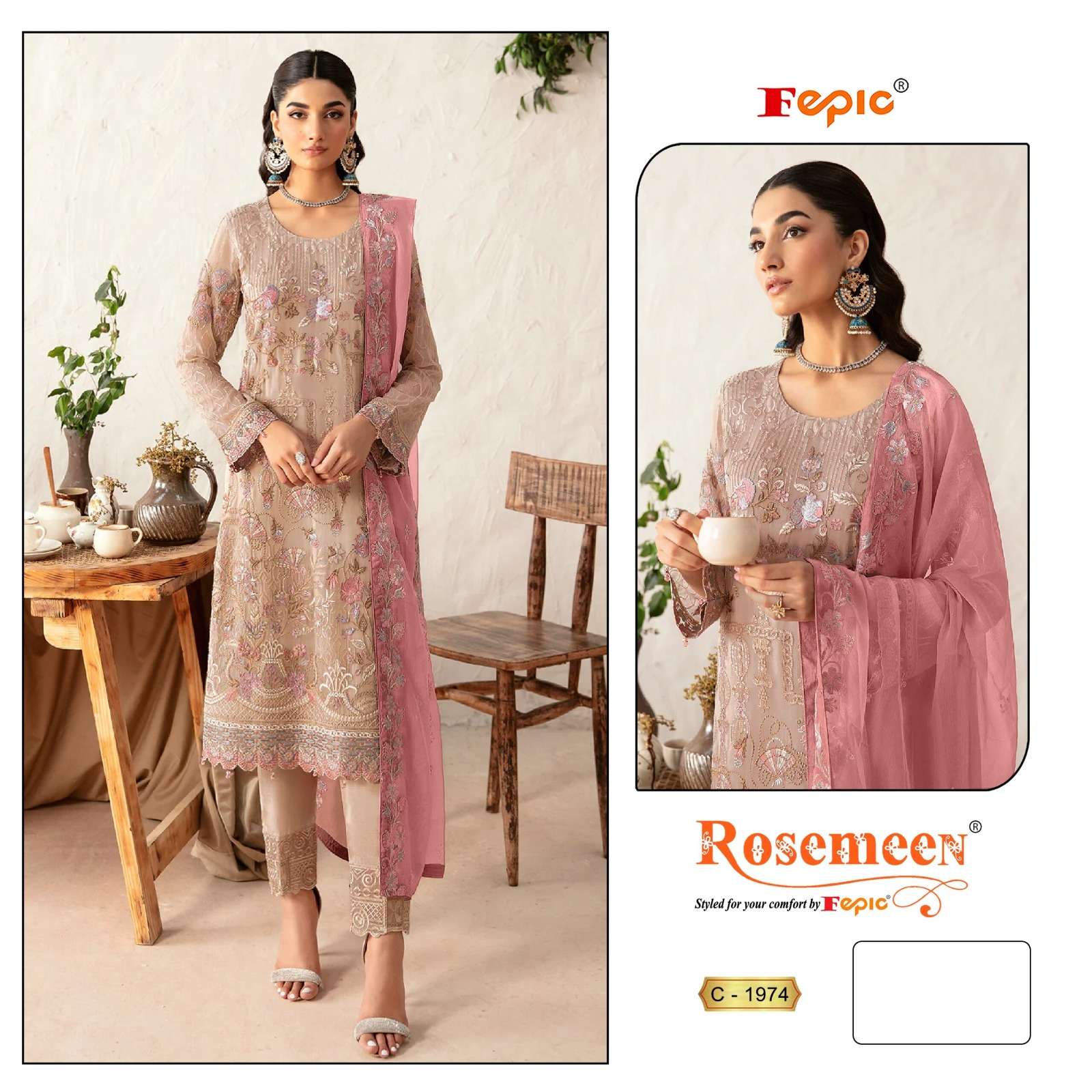 FEPIC ROSEMEEN 1974 GEORGETTE HEAVY WORK PAKISTANI CLOTHES FASHION SHOP