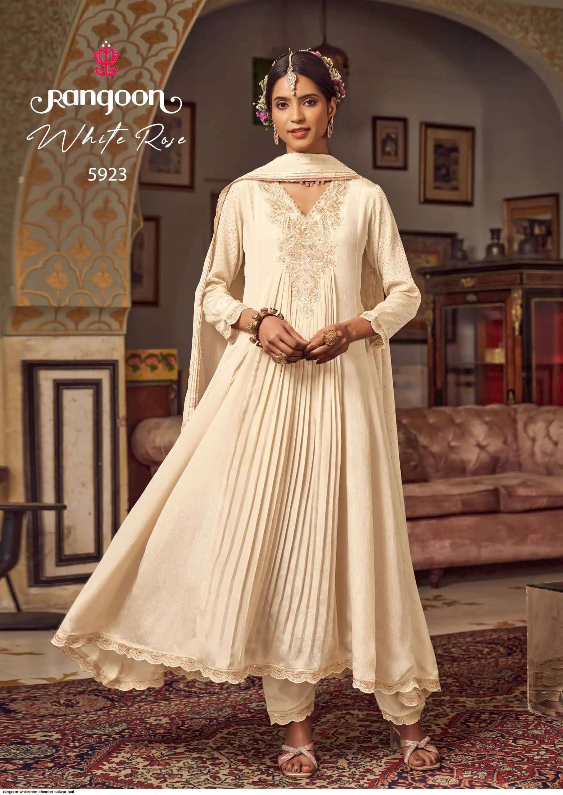 RANGOON WHITE ROSE PARTY WEAR CHINON FANCY LONG GOWN SUIT SUPPLIER 