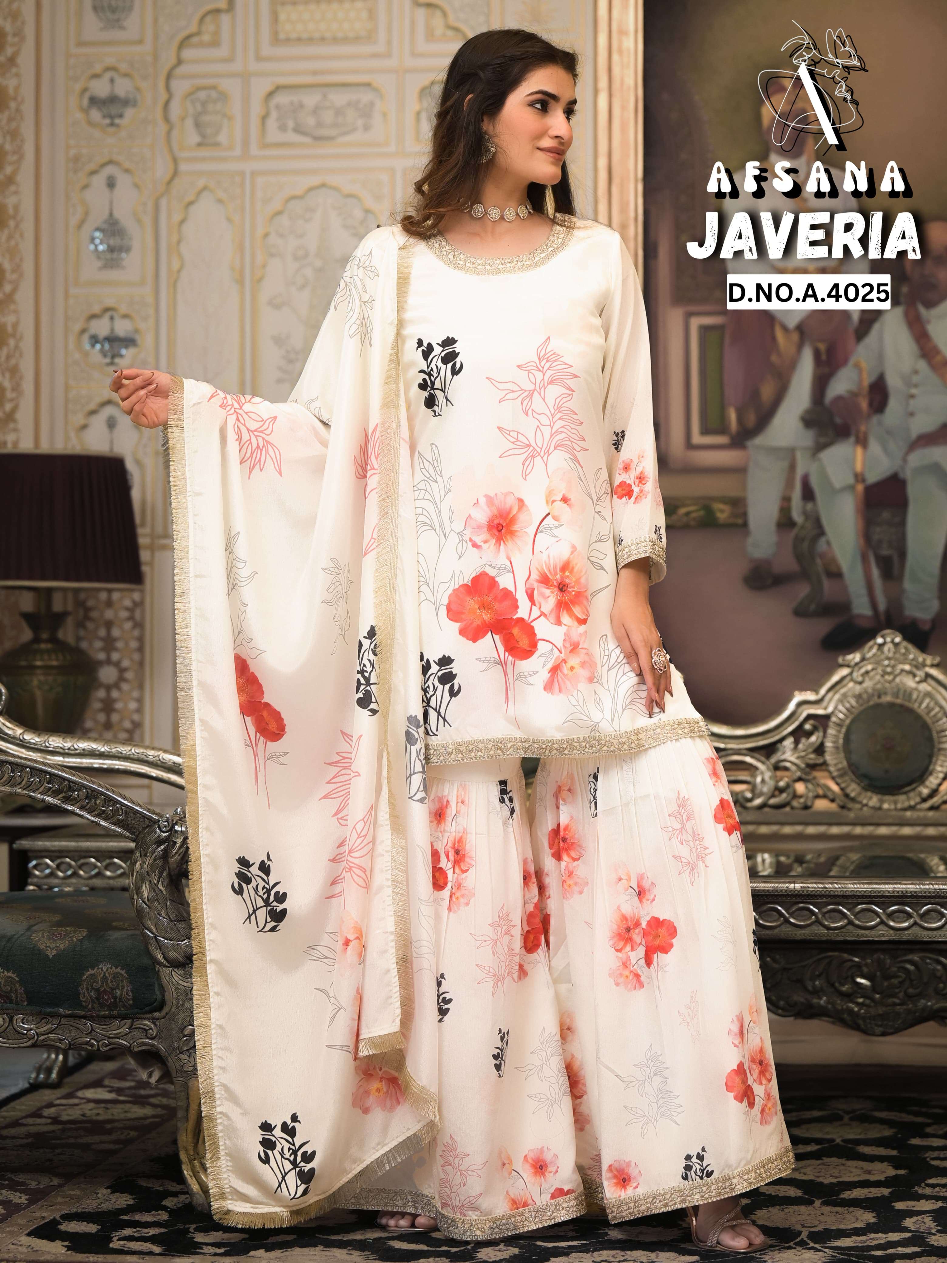 AFSANA JAVERIA INDIAN FUNCTION WHITE DIGITAL SHARARA KURTI SET SHOP
