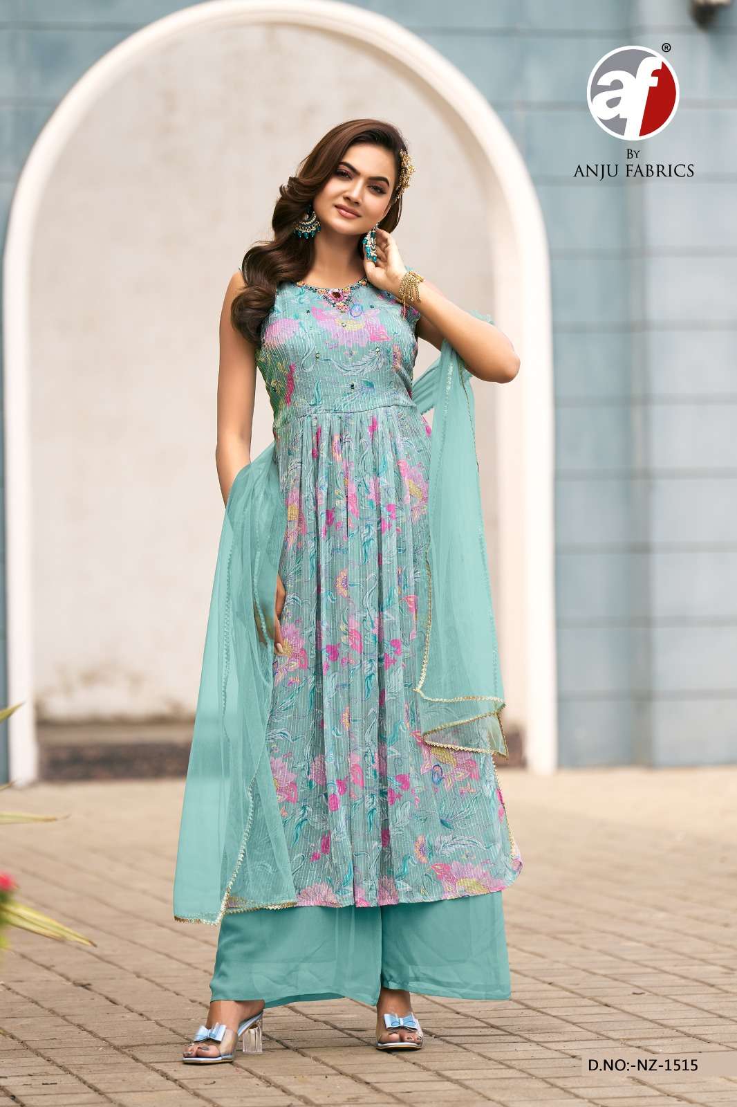 ANJU FABRICS 1515 HIGH SLIT KURTI PALAZZO SUIT PARTY WEAR DEALER SHOP