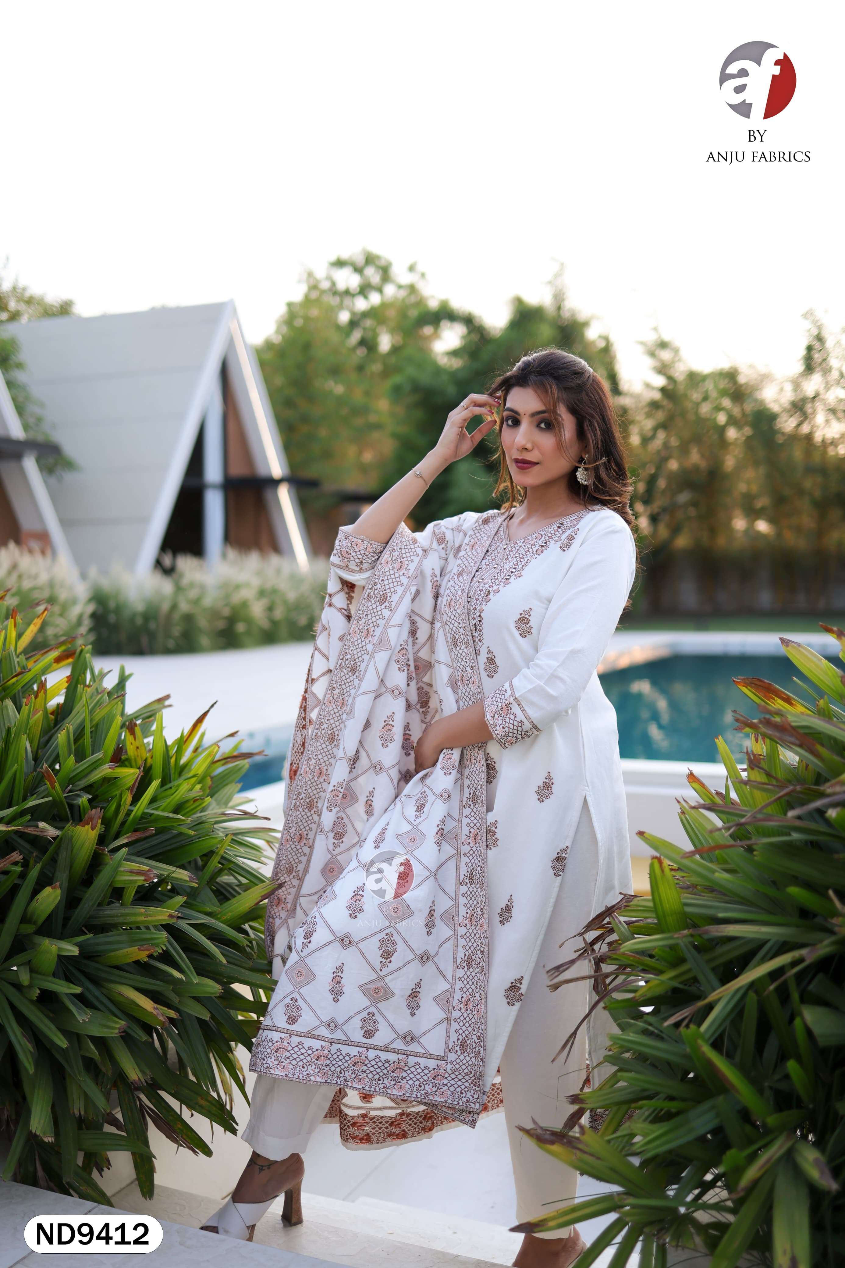 ANJU FABRICS ND 9412 WEDDING WEAR COTTON MIRROR WORK READYMADE SUIT DEALER