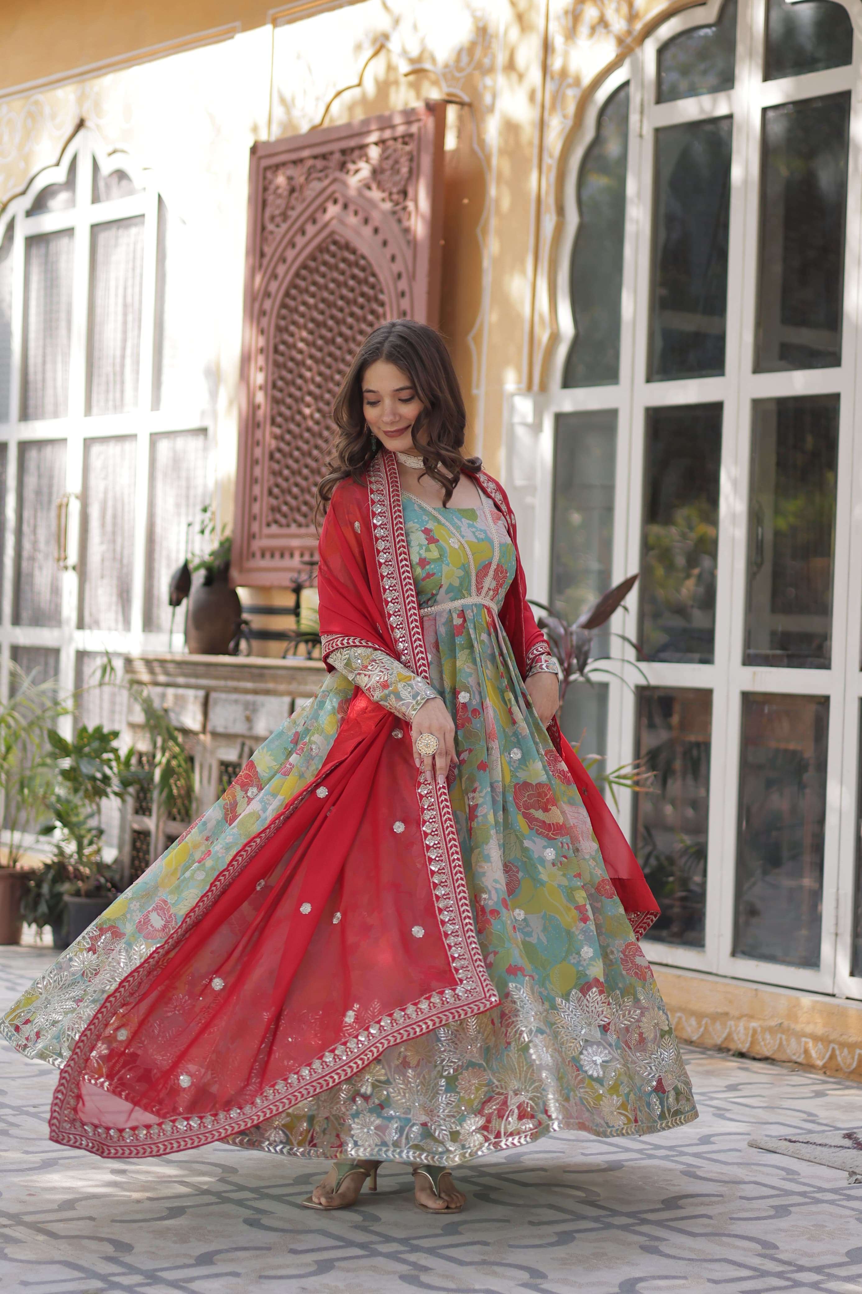 BEAUTIFUL DIGITAL PRINTED SILK FABRIC ANARKALI STYLE LONG SUITS KA 1159
