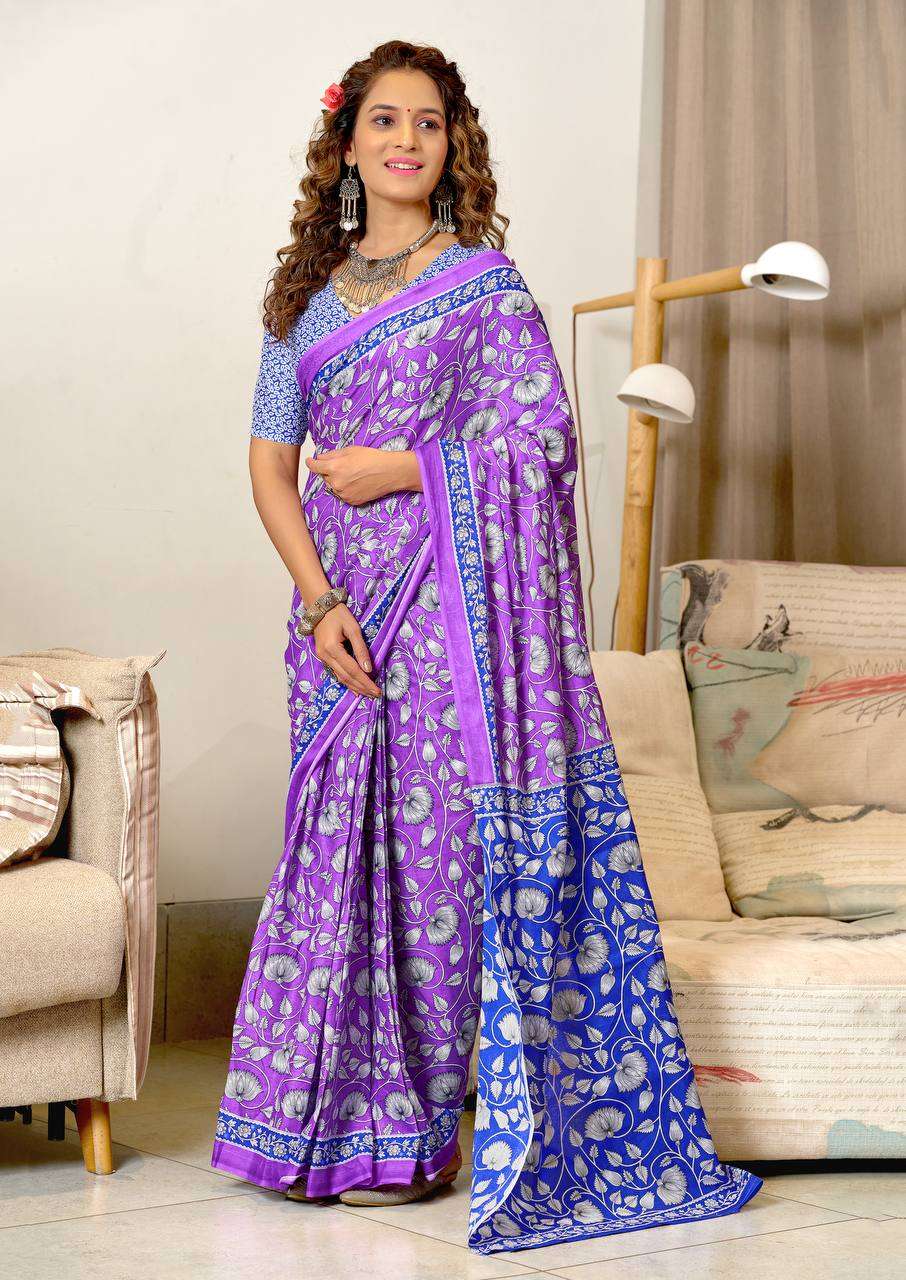 BEAUTIFUL FLOWER PRINT MULTICOLOR COTTON SAREE RESELLER AJRAKH ELEGANCE 