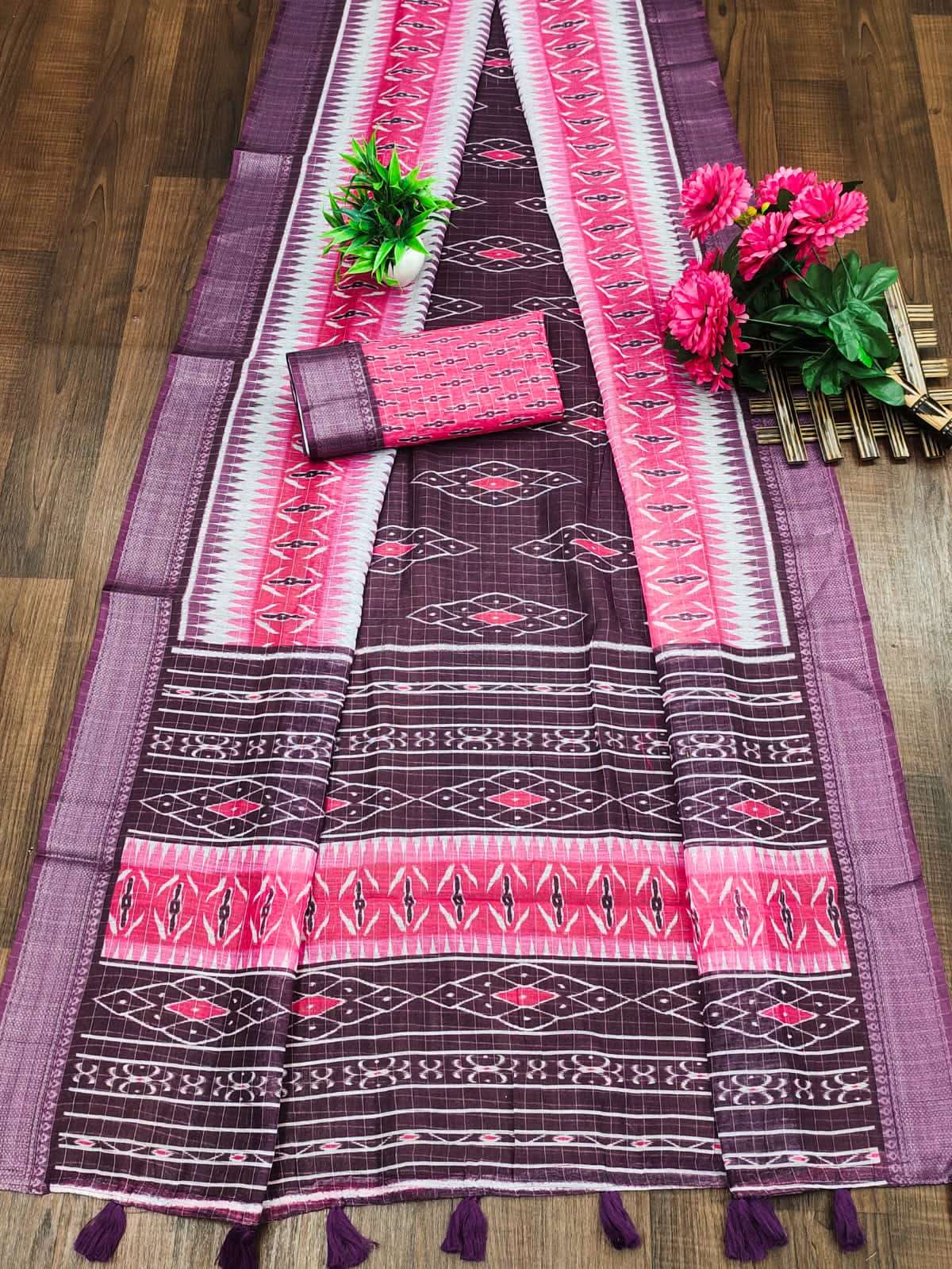 BEAUTIFUL FLOWER PRINTED LINEN FABRIC FANCY LOOK SAREE 
