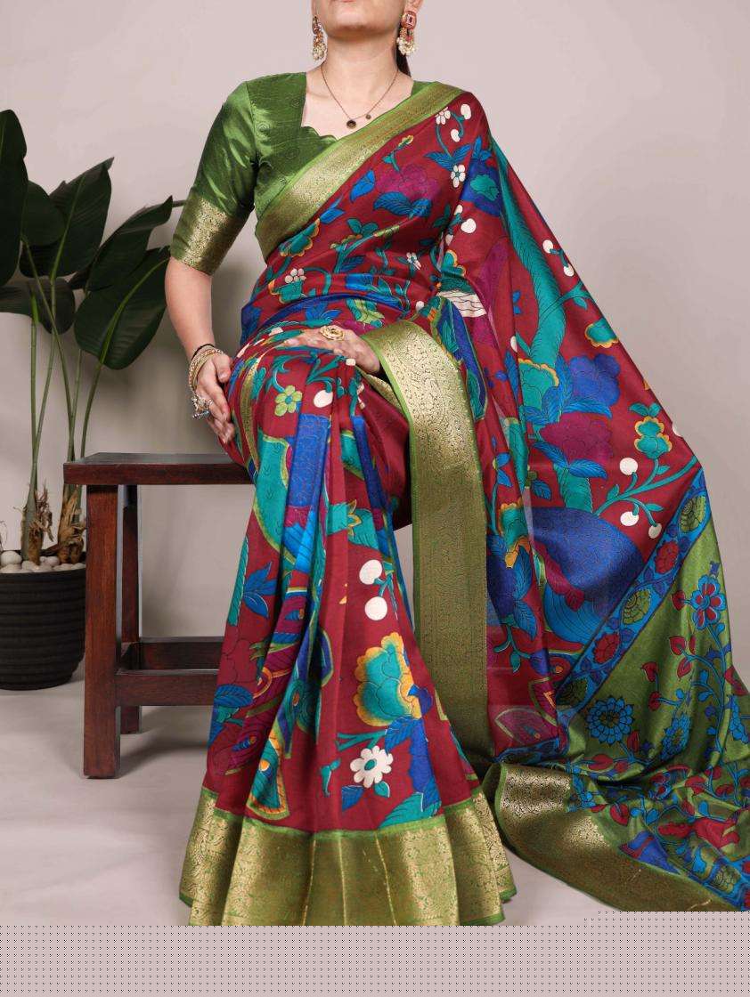 BEAUTIFUL KALAMKARI PRINTED SOFT SILK SAREE  YNF 7047