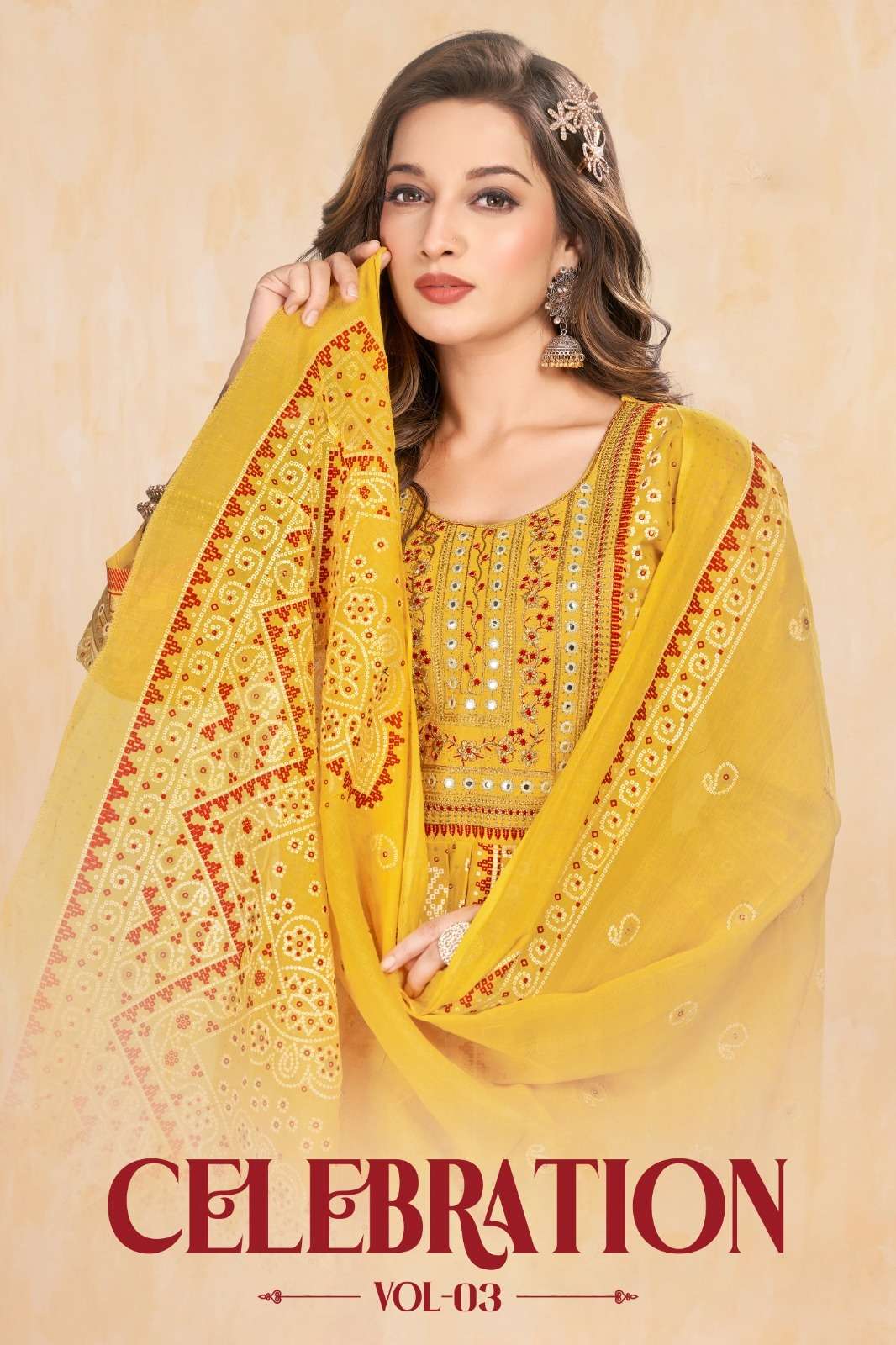 BEAUTY QUEEN CELEBRATION VOL 3 PARTY WEAR GOLD PRINT LONG KURTI SUIT RESELLER