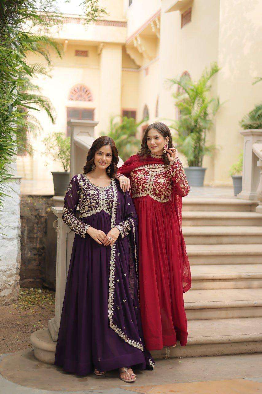 BLOOMING FABRIC NECK EMBROIDERY WORK LONG ANARKALI STYLE SUITS  LW 9195