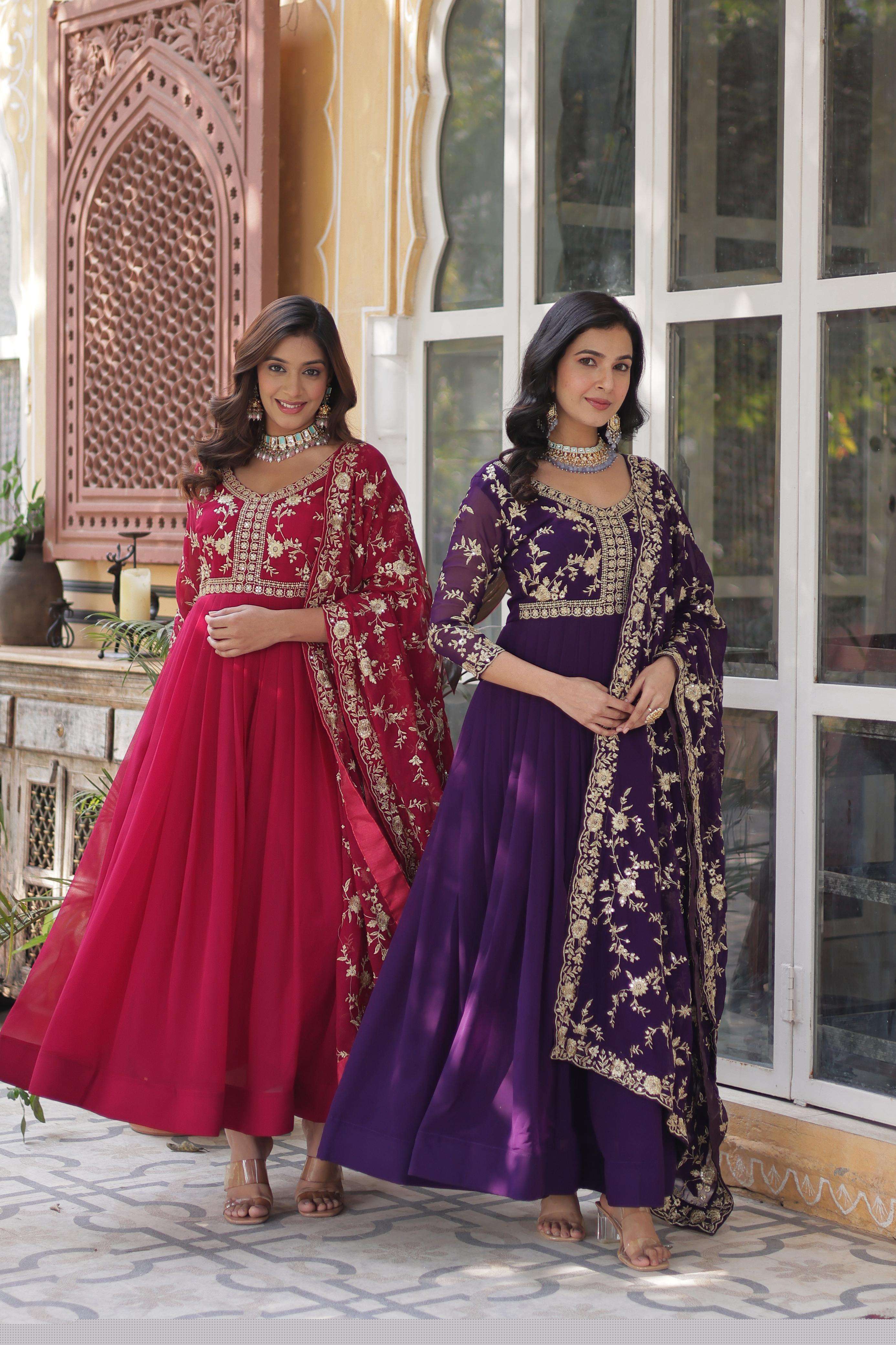 BLOOMING GEORGETTE EMBROIDERY WORK HEAVY ANARKALI STYLE READYMADE SUIT  LW 9224
