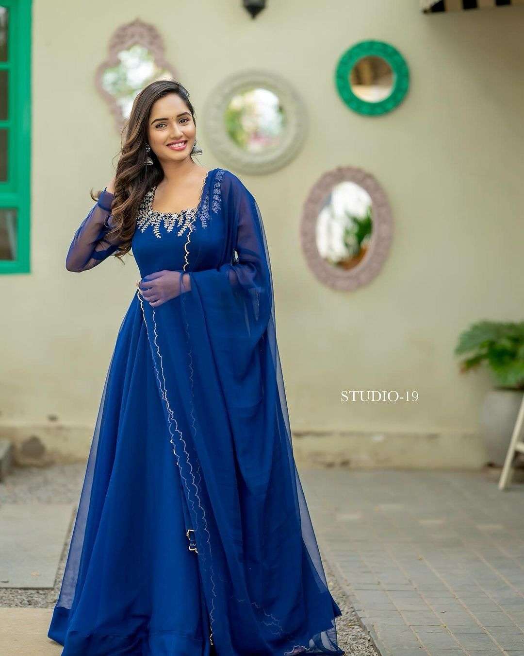 BLUE ANARKALI GOWN DUPATTA SET PARTY WEAR CLOTH SHOP ONLINE LADY