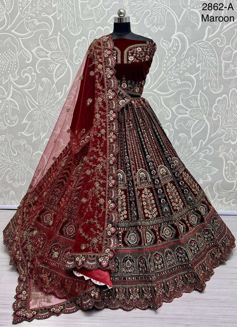 BRIDAL VELVET MAROON HEAVY LEHENGA CHOLI WEDDING DAY SUPPLIER SHOP 2862 