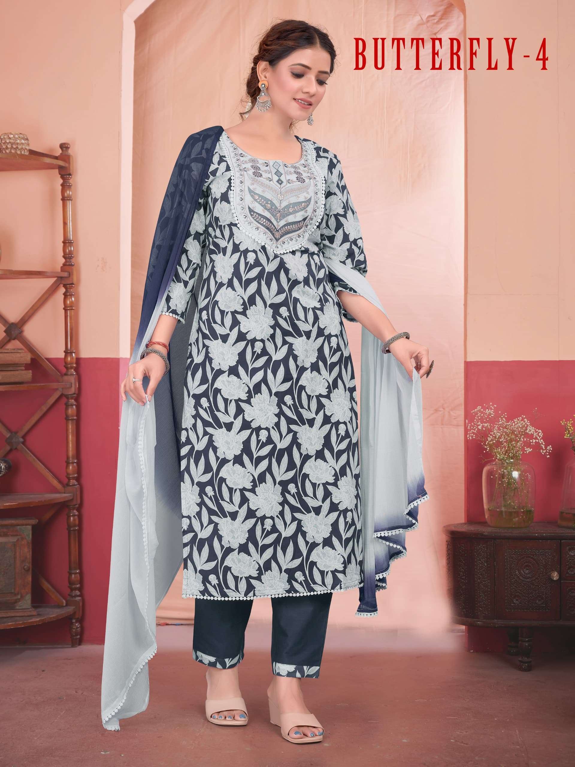 BUTTERFLY DESIGN COTTON SALWAR SUIT FESTIVAL WEAR SUPPLIER AKSHAR 