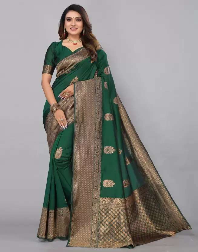 Dark green shades Lichi Silk weaving design sareeMf 66