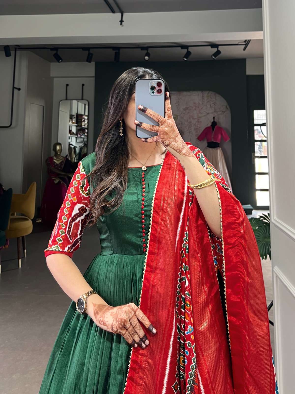 DOLA SILK FABRIC WITH PATOLA DESIGN LONG GOWN STYLE KURTI YNF 5023