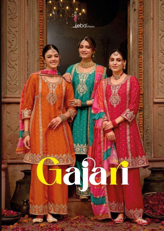 EBA LIFESTYLE GAJARI CHINON SILK EMBROIDERY WORK READYMADE SUITS 