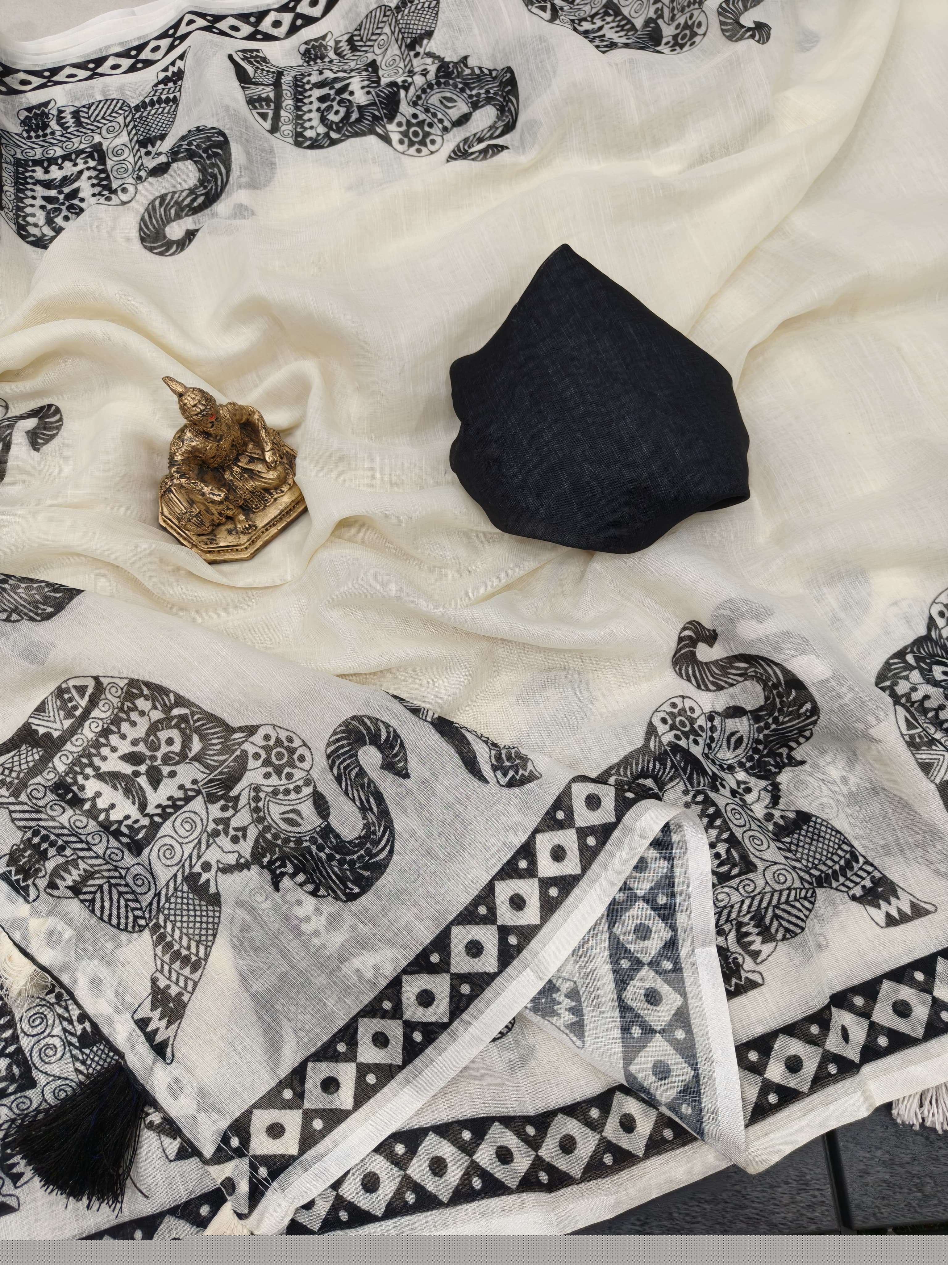 Elephant printed linen saree