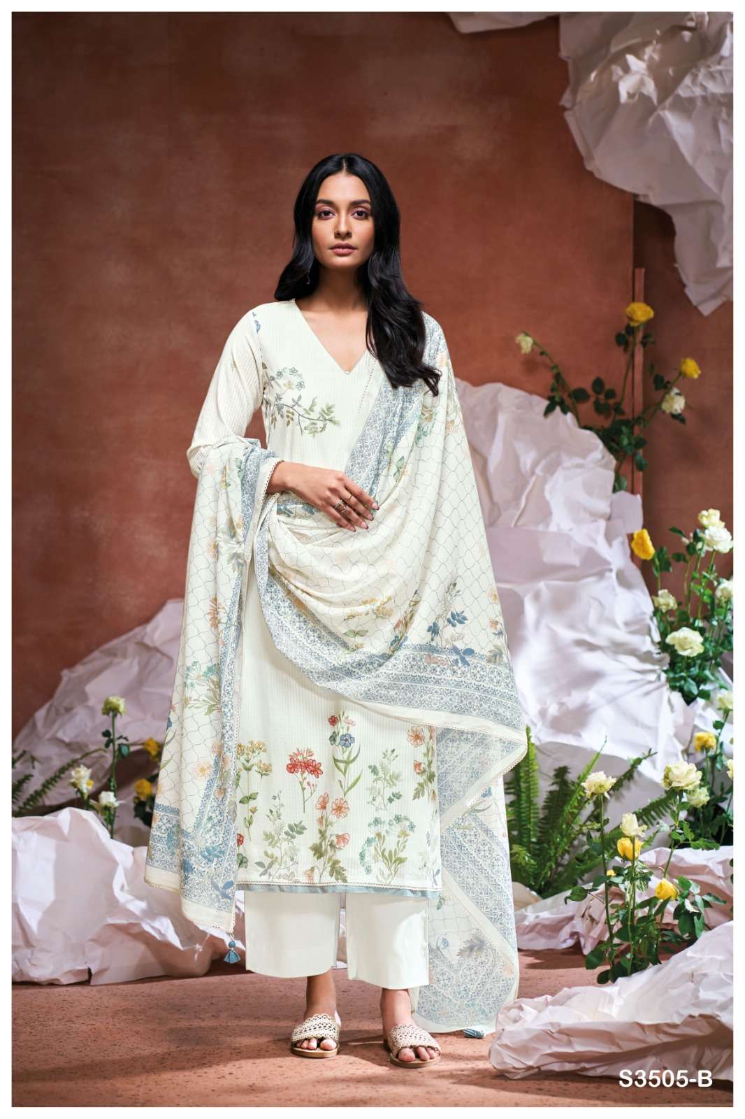 GANGA EILIDH 3505 COTTON FABRIC WHITE PRETTY SUIT PARTY WEAR ONLINE STORE