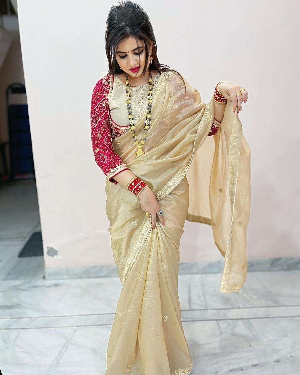 GOLDEN CRUSH FABRIC DESIGNER LOOK BLOUSE WITH GOTA PATTI BORDER SAREE  LAXMI