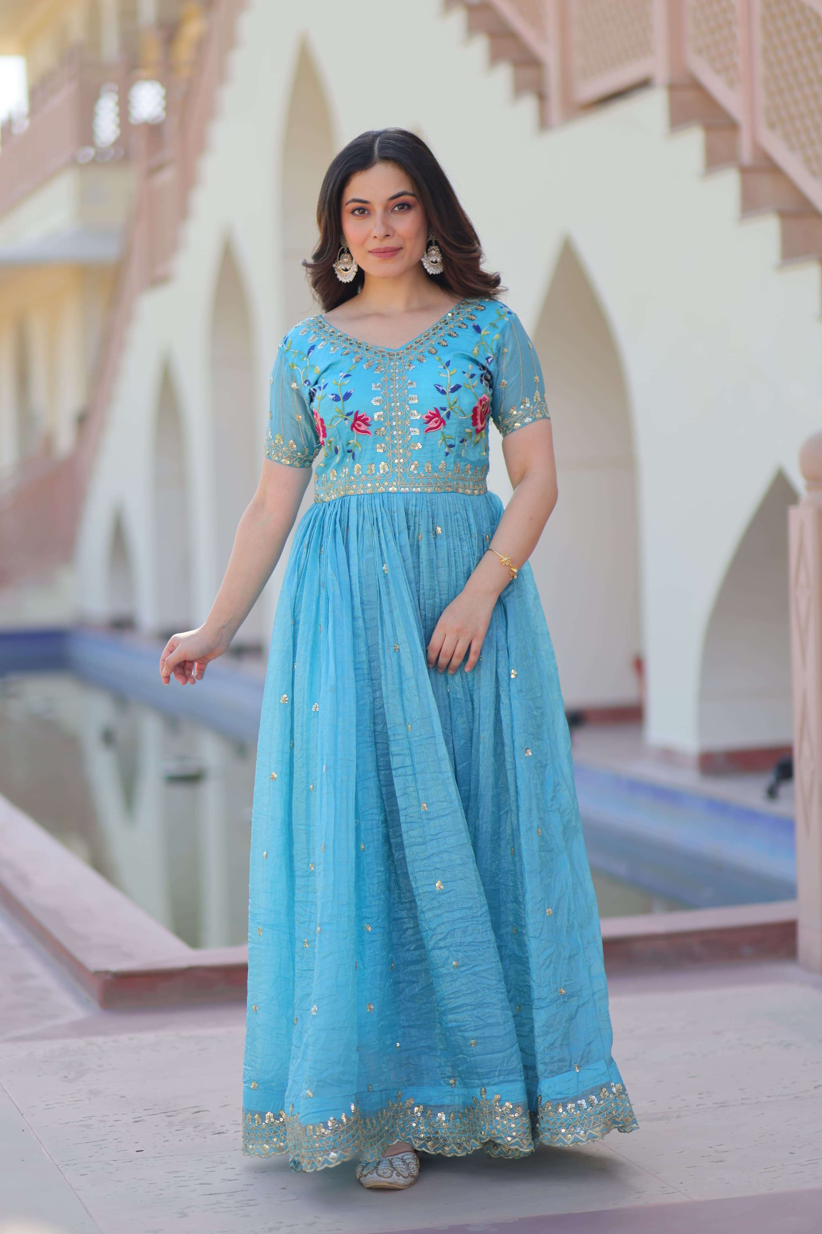GOLDEN CRUSH FABRIC LONG ANARKALI STYLE NECK HAND WORK DESIGNER READYMADE GOWN KA 1171