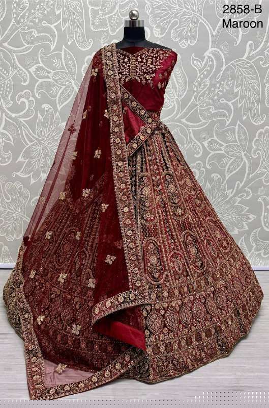 INDIAN RICH WEDDING BRIDAL VELVET LEHENGA CHOLI DOUBLE DUPATTA CLOTH SHOP 2858