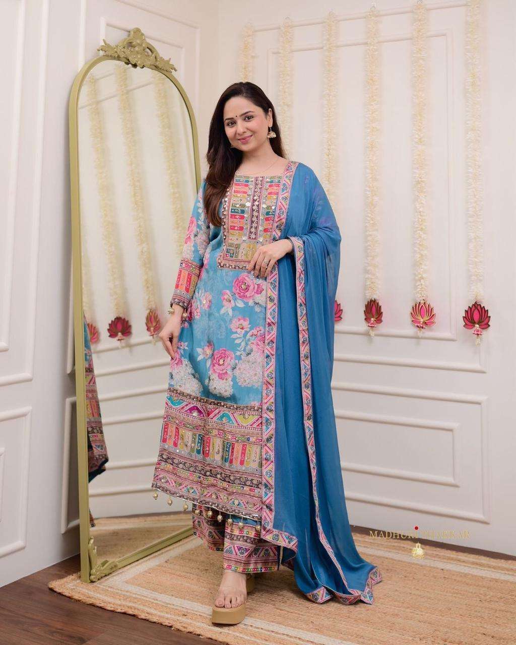 JAIPUR DESIGNER MIRROR WORK KURTI PALAZZO SUIT SUPPLIER PRICE ONLINE LADY